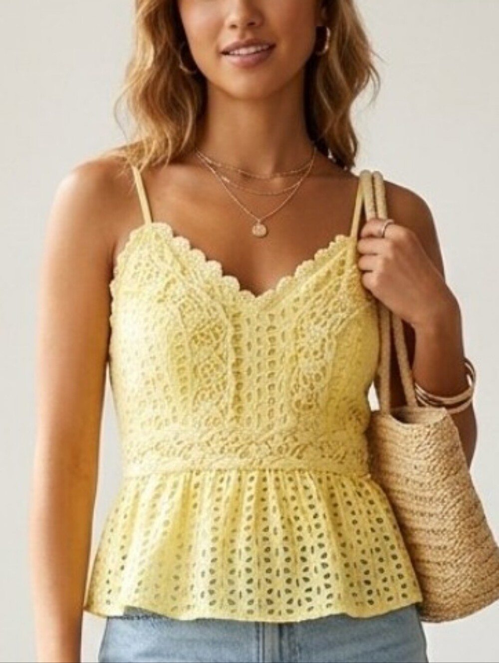 Yellow Lace Eyelet Peplum Camisole Top  Sz S.